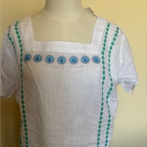 Beautiful Talbots White Blouse with Blue and Green Embroidery